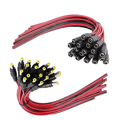 KELIFANG DC Power Pigtail Cable 10 Pairs, 18AWG 12V 5A Male and Female DC Power Pigtail Barrel Plug Connectors 2.1mm x 5.5mm for CCTV Security Camera and Lighting Power Adapter