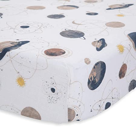 Little Unicorn – Planetary Fitted Crib Sheet | 100% Breathable Cotton Muslin | Super Soft | Machine Washable | 52” x 28” x 9”
