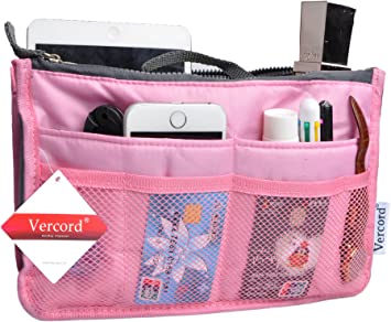 Vercord Purse Organizer Insert for Handbags Bag Organizers Inside Tote Pocketbook Women Nurse Nylon 13 Pockets Pink Small