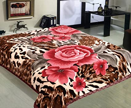 Marina Decoration 11 LB Oversized Heavy Woven Fluffy Plush Soft Warm Korean Style Mink 2 Ply Printed Flannel Fleece Throw Raschel Blanket Reversible Embossed Solid, 86 x 94 Inch Floral Leopard Pattern