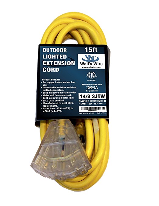 Watt's Wire 14/3 15ft Heavy Duty Triple Outlet Indoor / Outdoor SJTW Lighted Extension Cords - 14-3 15' Rugged Lighted Grounded Short Pigtail Power Cord NEMA 5-15 14 Awg 125Vac 15 Amp 1875Watt
