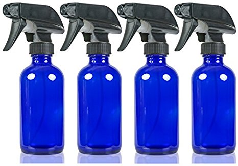 8 oz Glass Spray Bottles - NatureO Empty COBALT BLUE Spray Bottles with Trigger Sprayer - Two Sprayer Settings Stream or Mist - 4 pack