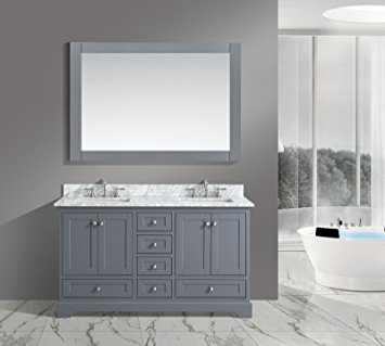 UrbanFurnishing.net - Jocelyn 60-Inch (60") Bathroom Sink Vanity Set with White Italian Carrara Marble Top - Charcoal