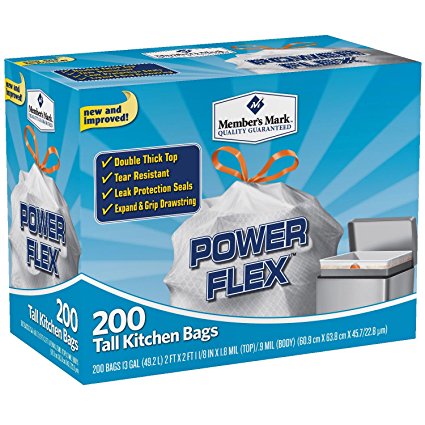 Member's Mark 13 gal Power Flex, Leak Protection, Tall Kitchen Simple Fit Drawstring Bags