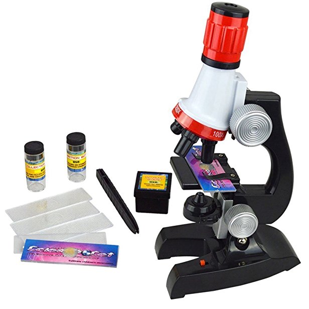 ShinMor Science Microscope Kit for Children 100x 400x 1200x Refined Scientific Instruments Toy Set for Early Education (Red)