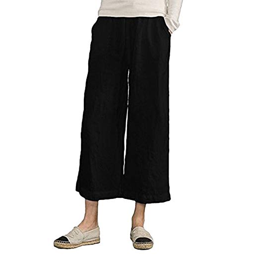 MOCOTONO Women's Plus Size Elastic Waist Wide Leg Linen Cropped Pants
