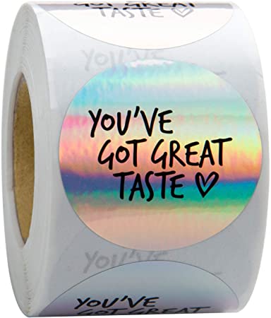 WRAPAHOLIC You've Got Great Taste Stickers - Black Ink Holographic Silver Business Thank You Stickers, Shipping Stickers - 2 x 2 Inch 500 Total Labels