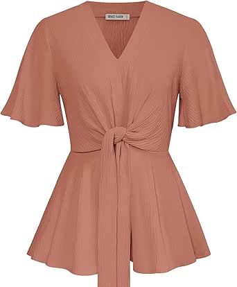 GRACE KARIN 2024 Women's Elegant V Neck Peplum Tops Tie Front Short Bell Sleeve Shirts Tops Blouse