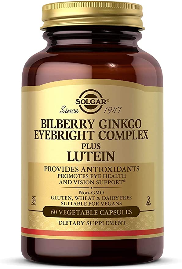 Solgar Bilberry Ginkgo Eyebright Complex Plus Lutein, 60 Vegetable Capsules Promotes Eye Health&Vision Support With Lutein & Vitamins A,C & E Non-GMO, Vegan,Gluten Free,Dairy Free,Kosher - 30 Servings