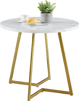 VECELO Round Dining Table with Wood Grain Tabletop and Steel Frame, for Kitchen, Living Room, Office, Conference, 2 to 4 Person, White and Gold