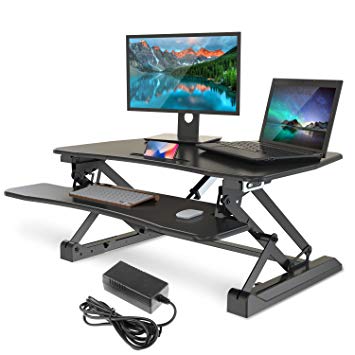 Electric Standing Desk Converter - Height Adjustable Sit to Stand Desk - Black Desk Riser with Removable Keyboard Tray, USB 2.0 Charging Port, Phone Slot - Fits Single/Dual Monitors, Laptops, Tablets