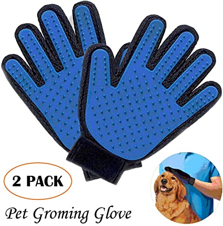 Pet Grooming Glove, QMAY Pet Hair Remover Mitt 2Pack, Gentle Deshedding Brush Glove and Massage Tool, for Cats, Dog, Horses Grooming Gloves