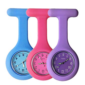 Set of 3 Nurse Watch Brooch, Silicone with Pin/Clip, Glow Pointer in Dark, Infection Control Design, Health Care Nurse Doctor Paramedic Medical Brooch Fob Watch - Blue Pink Purple