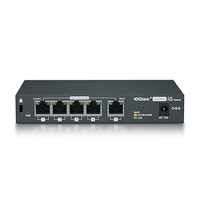 10Gtek 5-Port Unmanaged 2.5G Switch, 5 x 2.5GBASE-T Ports, 2.5Gbps Switching Capacity, Backwards Compatible with 10/100/1000Mbps Devices, Fanless, Wall Mountable