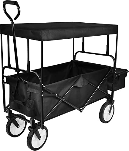 YSSOA Heavy Duty Folding Portable Hand Cart with Removable Canopy, 8'' Wheels, Adjustable Handles and Double Fabric for Shopping, Picnic, Beach, Camping