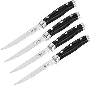 Lagostina Set 4 Coltelli Bistecca Forgiati, Inossidabile, Manicatura Ergonomica, Nero e Acciaio, Lunghezza Lama 12 cm