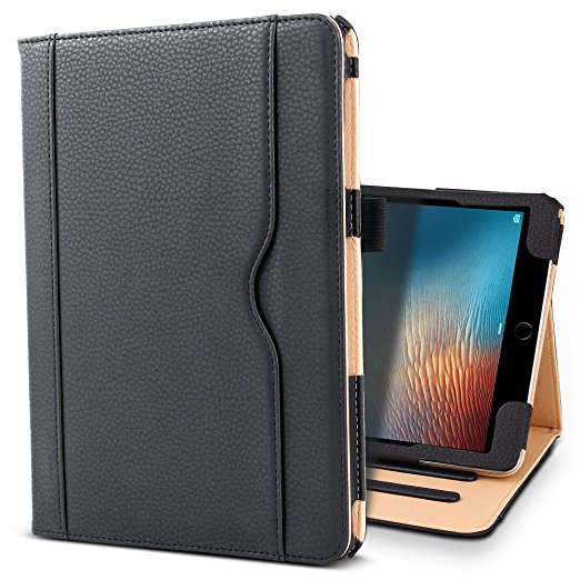 New iPad Pro 10.5 2017 Case, AOKE [Secure Hand Strap] Multi Angle Viewing Stand Cover w/ Business Document Card Pocket and Apple Pencil Holder, Smart Auto Sleep/Wake Magnetic Folio Case