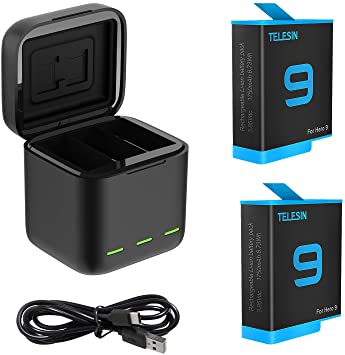 TELESIN Magnetic Triple Charger Battery Storage Charging Box with Hero 9 Battery Pack, USB Type-C Cable for GoPro Hero 9 Black Action Cameras (Charger   2 batterise)