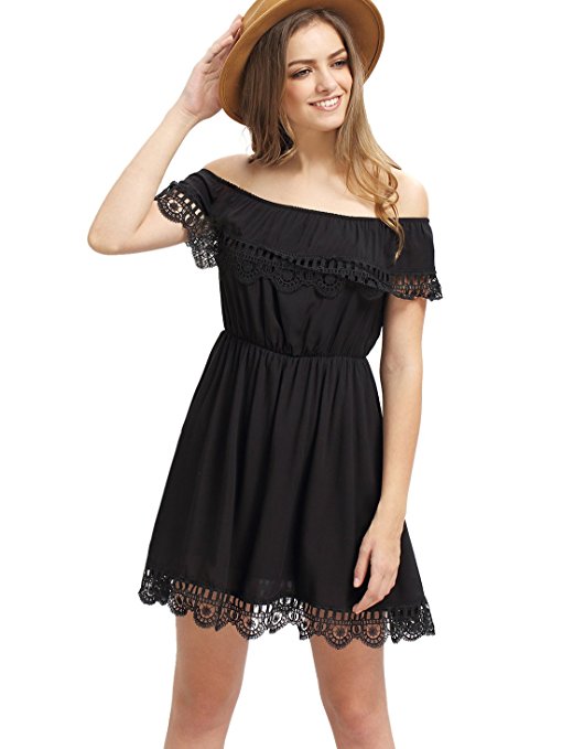 SheIn Women's Off the Shoulder Crochet Lace Patchwork Casual Dress