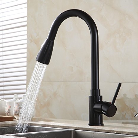 OWOFAN Kitchen Sink Faucet High Arc Pull Out Spout Single Handle Pull Down Swivel Sprayer, Brass Black WF-408906R