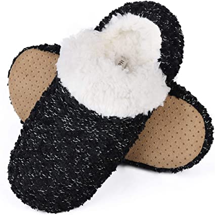 HomeTop Women's Trendy Two-Tone Knitted House Slipper Socks with Sherpa Lining