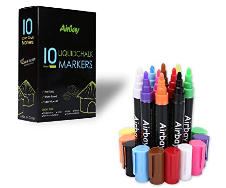 Liquid Chalk Markers 10 Colored - Airbay Washable Pens Amazing Neon Color Pens Reversible Bullet And Chisel Tip ,Brand New Revolutionary Cap