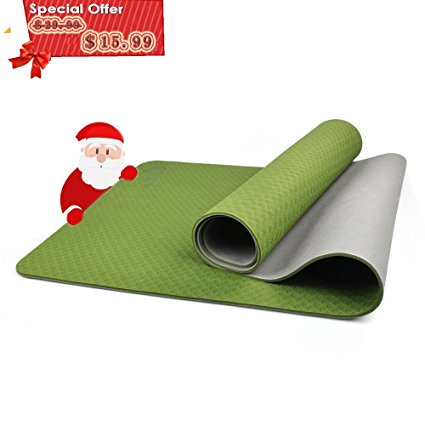 Mansov Yoga Mat Non Slip Eco Friendly Extra Thick High Density Anti-Tear Rubber Yoga Mat with a Carrying Strap for Yoga, Pilates and Exercise, 72" x 24" 6mm, SGS Certified TPE Material,Grass Green
