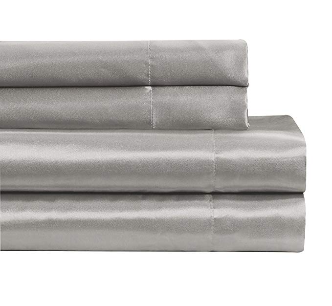Fancy Linen Collection 4pc California King Satin Sheet Set Silver/Light Grey Super Soft Silky Bedding New