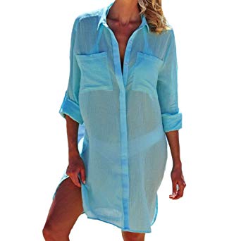 Bestyou Women's Button Down Shirts Sheer Crinkle Chiffon Kimono Cover Up Solid Open Front Cardigan Beach Dress