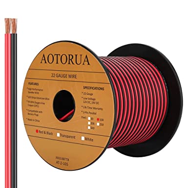 AOTORUA 100FT 22AWG Electrical Wire, 22/2 Gauge Oxygen Free Copper 12V/24V DC Red Black Zip Cord Wire Parallel Extension Wire, LED Strip Lights Hookup Wire for Led Strips Single Color 3528 5050