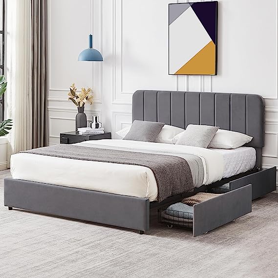 VECELO Queen Size Upholstered Bed Frame with 4 Drawers and Adjustable Headboard, Velvet Platform Storage Bedframe Mattress Foundation, Wooden Slats Support, No Box Spring Needed, Dark Grey