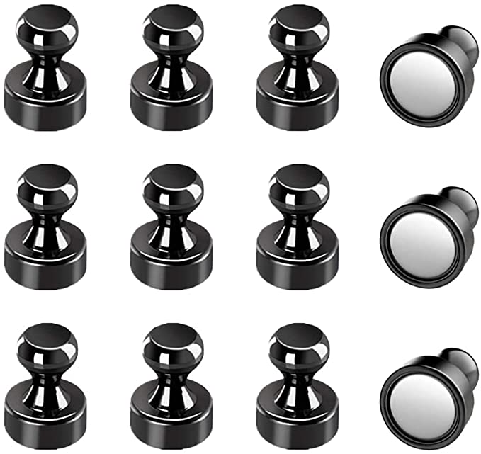 Refrigerator Magnet Pushpins - Aovon 12 Pack Durable Steel Magnetic Push Pins with Rust-Resistant Nickel Coating for Whiteboards, Fridge, Kitchen, Lockers, Home, Office and Travel Use (Black)