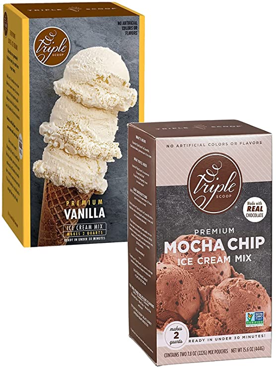 Triple Scoop Ice Cream Mix, Coffee & Cream Combo, Mocha Chip & Vanilla, Ice Cream Starter, Use with Home Ice Cream Maker, No artificial colors or flavors, Ready in under 30 mins (2/15oz boxes)