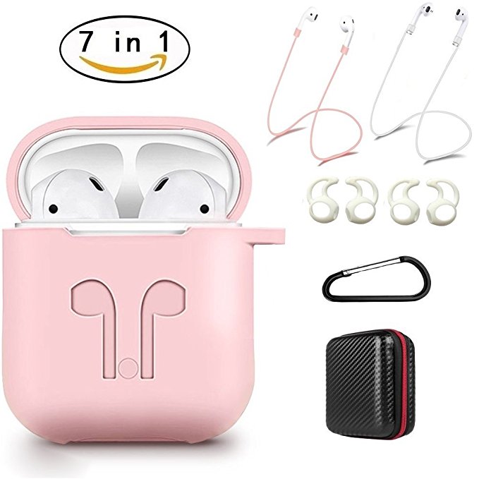 AirPods Case 7 In 1 Airpods Accessories Kits Protective Silicone Cover and Skin for Apple Airpods Charging Case with Airpods Ear Hook Airpods Staps/Airpods Clips/Skin/Tips/Keychain Pink by Amasing
