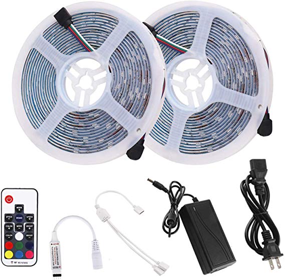 RC LED Strip Lights 32.8ft RGB Multicolor, High Sensibility 17Key RF Remote and Controller, IP65 Waterproof LED Light Strip SMD5050 300LEDs with 12V 5A Power Adapter for Kitchen Cabinet