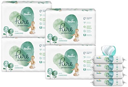 Pampers Pure Protection Disposable Diapers Size 2, 128 Ct. WITH Aqua Pure 4X Pop-Top Sensitive Water Baby Wipes, 224 Ct.