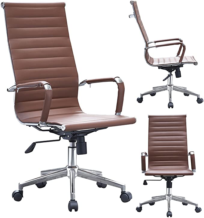 2xhome - Modern High Back Tall Ribbed PU Leather Swivel Tilt Adjustable Chair Designer Boss Executive Management Manager Office Conference Room Work Task Computer (Brown)
