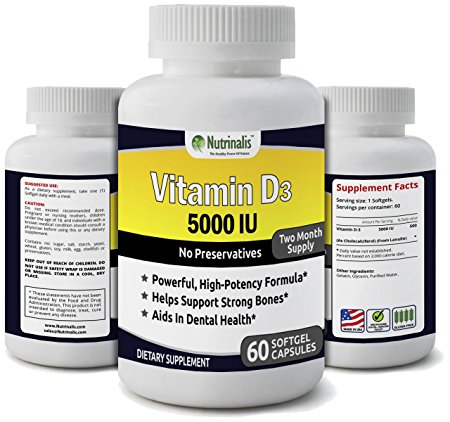 Vitamin D3 5000 IU ★ 60 Softgels ★ High Potency ★ Two Month Supply★No Preservatives