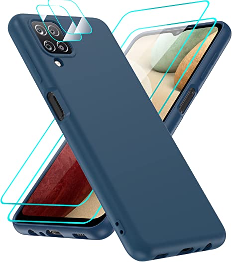 Galaxy A12 Case, Samsung A12 Phone Case with [2 Pack] Tempered Glass Screen Protector & Camera Lens Protector, LeYi Liquid Silicone Soft Microfiber Liner Cover Case for A12 Samsung Phone, Blue