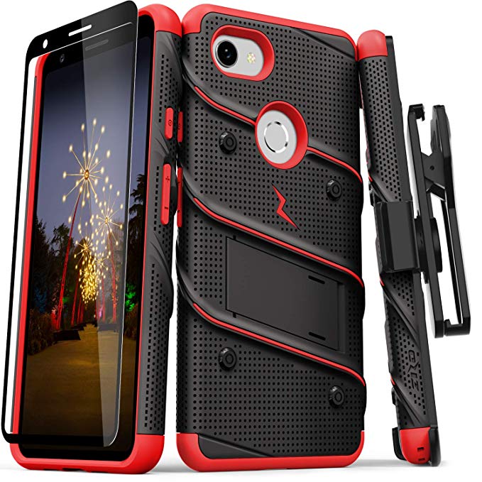 ZIZO Bolt Series Google Pixel 3a Case | Heavy-Duty Military-Grade Drop Protection w/Kickstand Included Belt Clip Holster Tempered Glass Lanyard (Black/Red)