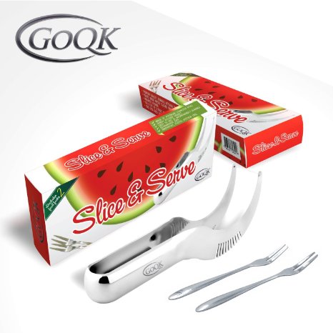Watermelon Slicer Corer and Set Of 2 Fruit Forks By GoQK - Made Of Premium Stainless Steel - Handy Kitchen Gadget - Easy To Use and Incomparably Durable - Dishwasher Safe - Innovative Useful Kitchen Tool