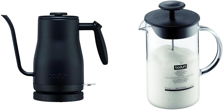 Bodum 11940-01US Bistro Gooseneck Electric Water Kettle, 34 Ounce, Black & 1446-01US4 Latteo Manual Milk Frother, 8 Ounce, Black