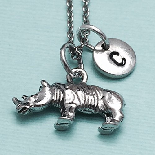 Rhino necklace, rhino charm, animal necklace, personalized necklace, initial necklace, initial charm, monogram