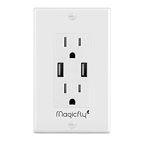 USB Outlet Wall Plate, Magicfly 4A Ultra High Speed USB Outlet Dual USB Charger Port 15 Amp TR Receptacle, Screwless Wall Plates, UL Listed, White (1 Pack)