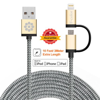 Apple Charger iPhone 6S Charger 10ft Long F-color8482 2 in 1 Braided USB Charging Cable for iPhone 6S 6 Plus 5 iPad Air mini 4 iPad Pro Android Smart Phones Moto Galaxy Note 5 S6 Edge Plus Gold