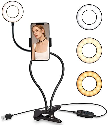 Selfie Ring Light with Cell Phone Holder Stand for Youtube Facebook Live Stream/Makeup Podcast LED Camera Light Clamp on Flexible Gooseneck Lazy Bracket Compatible with iPhone 8 7 6 Plus X Android Black