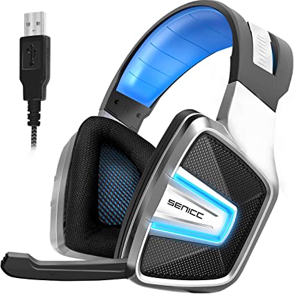 SENICC Computer Gaming Headset USB Type LED Light for PC MAC Laptop, PS4 Headphones with Noise Canceling Microphone