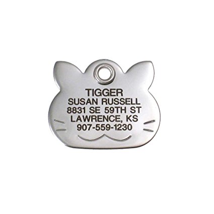 LuckyPet Pet ID Tag - Cat Face - Custom engraved dog & cat ID tags. Pet safety tag has reflective coating and is available in plastic, stainless steel and brass.