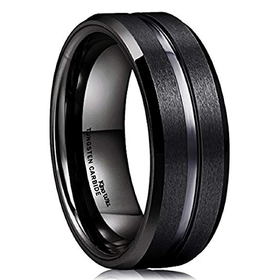 King Will CLASSIC 8mm Black Tungsten Carbide Wedding Band Ring Polished Finish Grooved Center Comfort Fit
