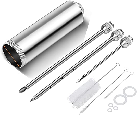 AOWOTO Meat Injector Syringe Kit 2-oz Marinade Flavor Barrel 304 Stainless Steel with 3 Professional Needles 3 Cleaning Brushes and 5 Silicone O-Rings